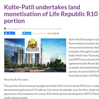Kolte-Patil Undertakes Land Monetisation Of Life Republic R10 Portion - Life Republic