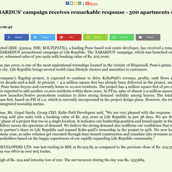 Kolte-Patil's 'ZABARDUS' Campaign Receives Remarkable Response - 500 Apartments Sold At Life Republic - Life Republic