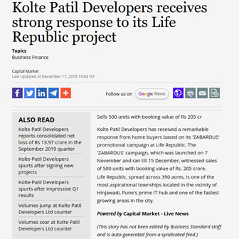 Kolte Patil Developers Receives Strong Response To Its Life Republic Project - Life Republic