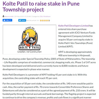 Kolte Patil To Raise Stake In Pune Township Project - Life Republic