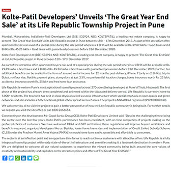 Kolte-Patil Developers’ Unveils ‘The Great Year End Sale’ At Its Life Republic Township Project In Pune - Life Republic